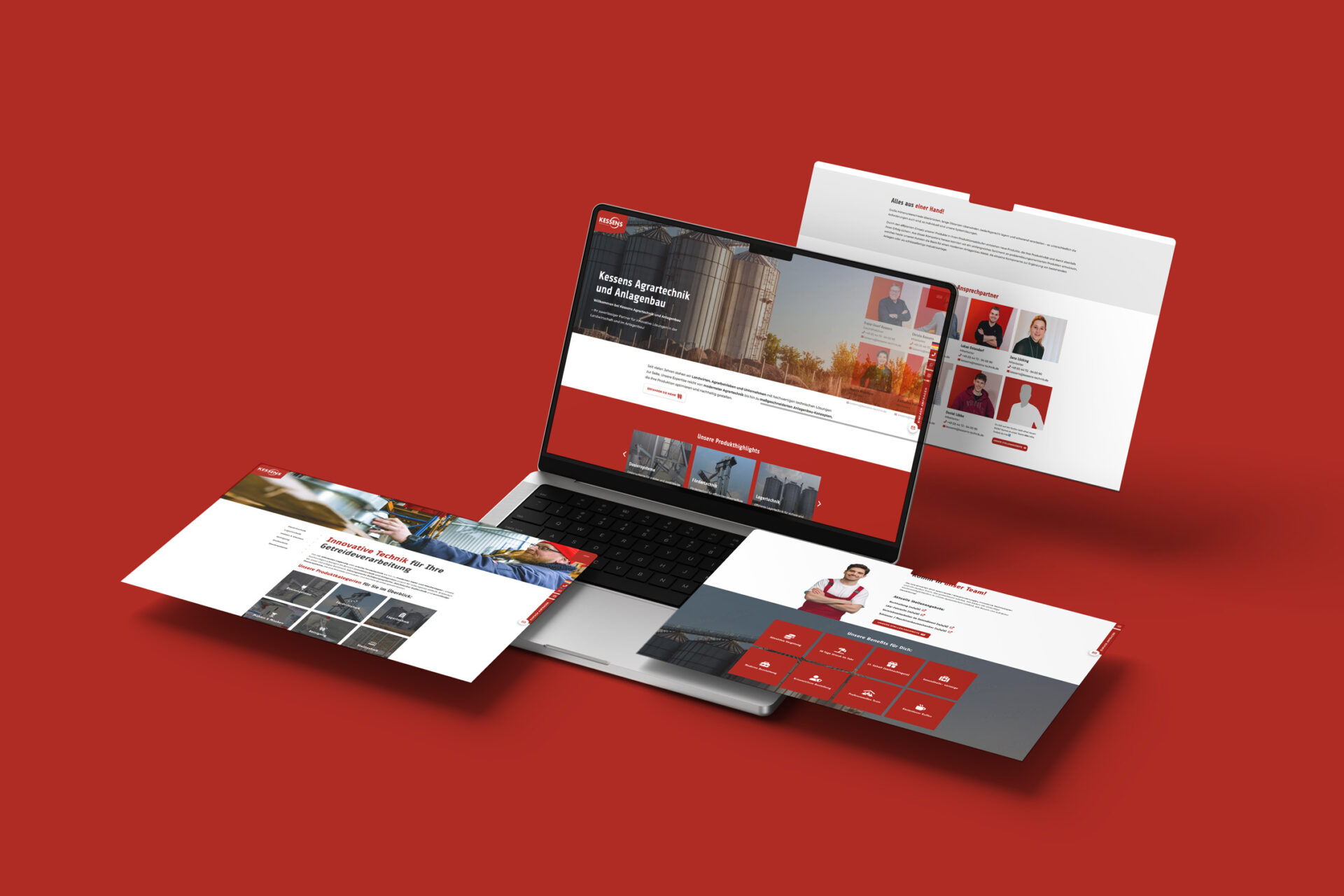 Neue Webpräsenz 2026 - Kessens Technik mit System Website-Ansicht an einem Macbook - drei weitere Seiten schweben um das Endgerät herum