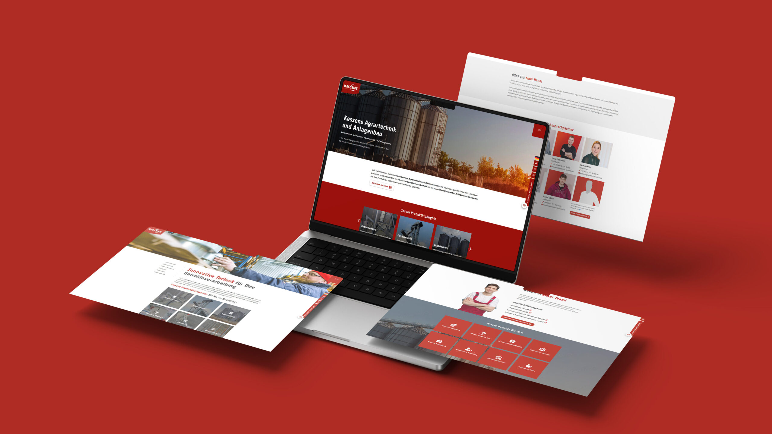 New Website 2026 - Kessens Technik mit System website view on a Macbook - three more pages float around the device